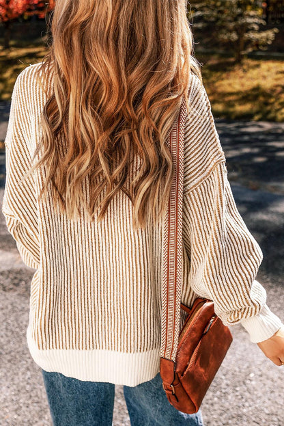 Chestnut Striped Contrast Trim Loose Sweater - The Fair Lady Shop