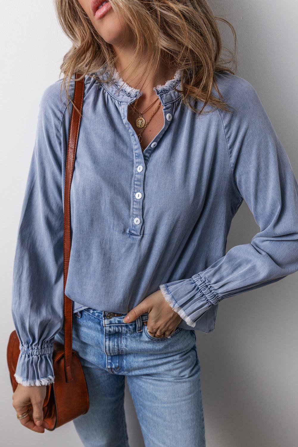 Sky Blue Frilled Raw Hem Half Buttoned Denim Top - The Fair Lady Shop