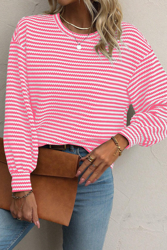 Rose Stripe Round Neck Drop Shoulder Long Sleeve Top - The Fair Lady Shop