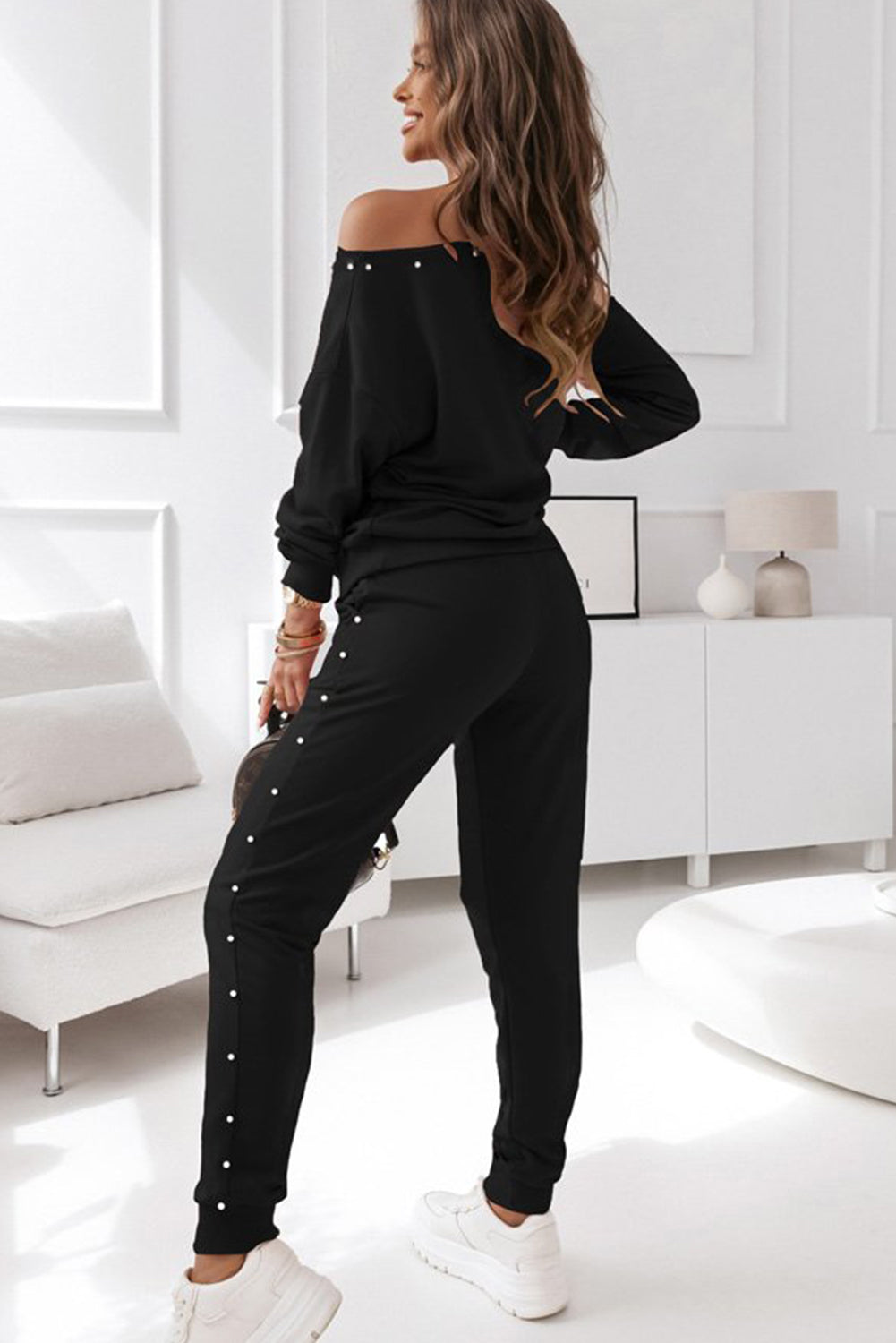 Black Beaded Decor Pullover And Jogger Pants Set - The Fair Lady Shop