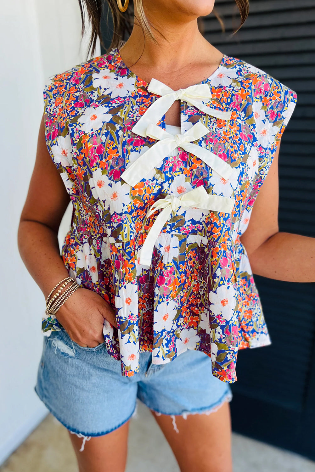 Rose Floral Bow Front Sleeveless Peplum Shirt - The Fair Lady Shop