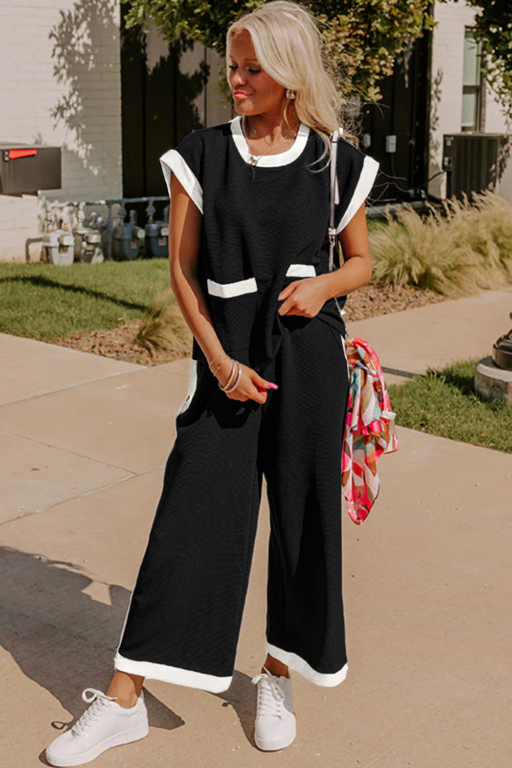 Black Contrast Trim Pocket T Shirt and Wide Leg Pants Set - The Fair Lady Shop