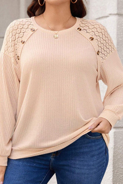 Beige Plus Size Lace Patchwork Buttons Waffle Knit Top - The Fair Lady Shop