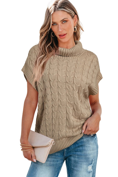 Light Beige Turtleneck Short Dolman Sleeve Cable Knit Sweater - The Fair Lady Shop