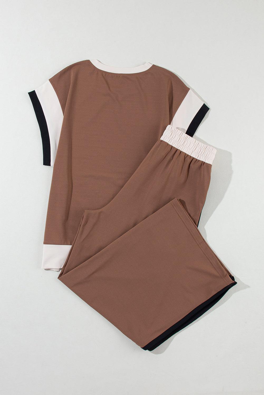 Chestnut Colorblock Cap Sleeve Tee and Wide Leg Pants Set - The Fair Lady Shop