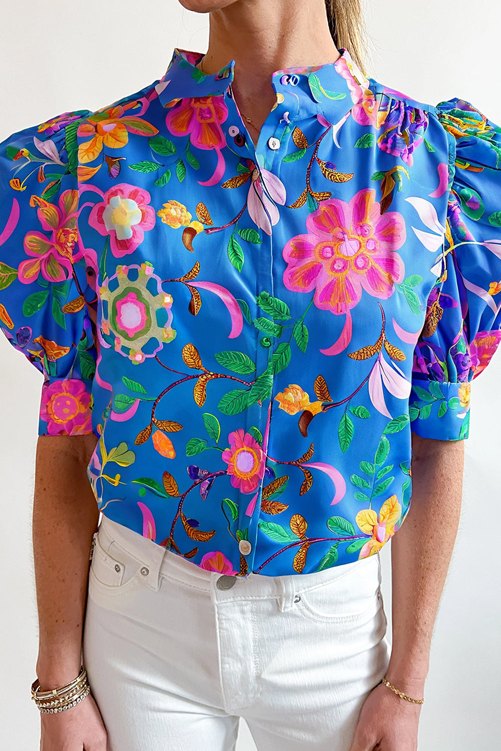 Blue Puff Sleeve Button Up Boho Floral Shirt - The Fair Lady Shop