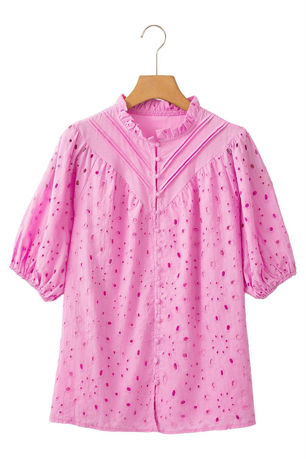 Bonbon Hollow-out Flower Embroidered Short Puff Sleeve Blouse - The Fair Lady Shop