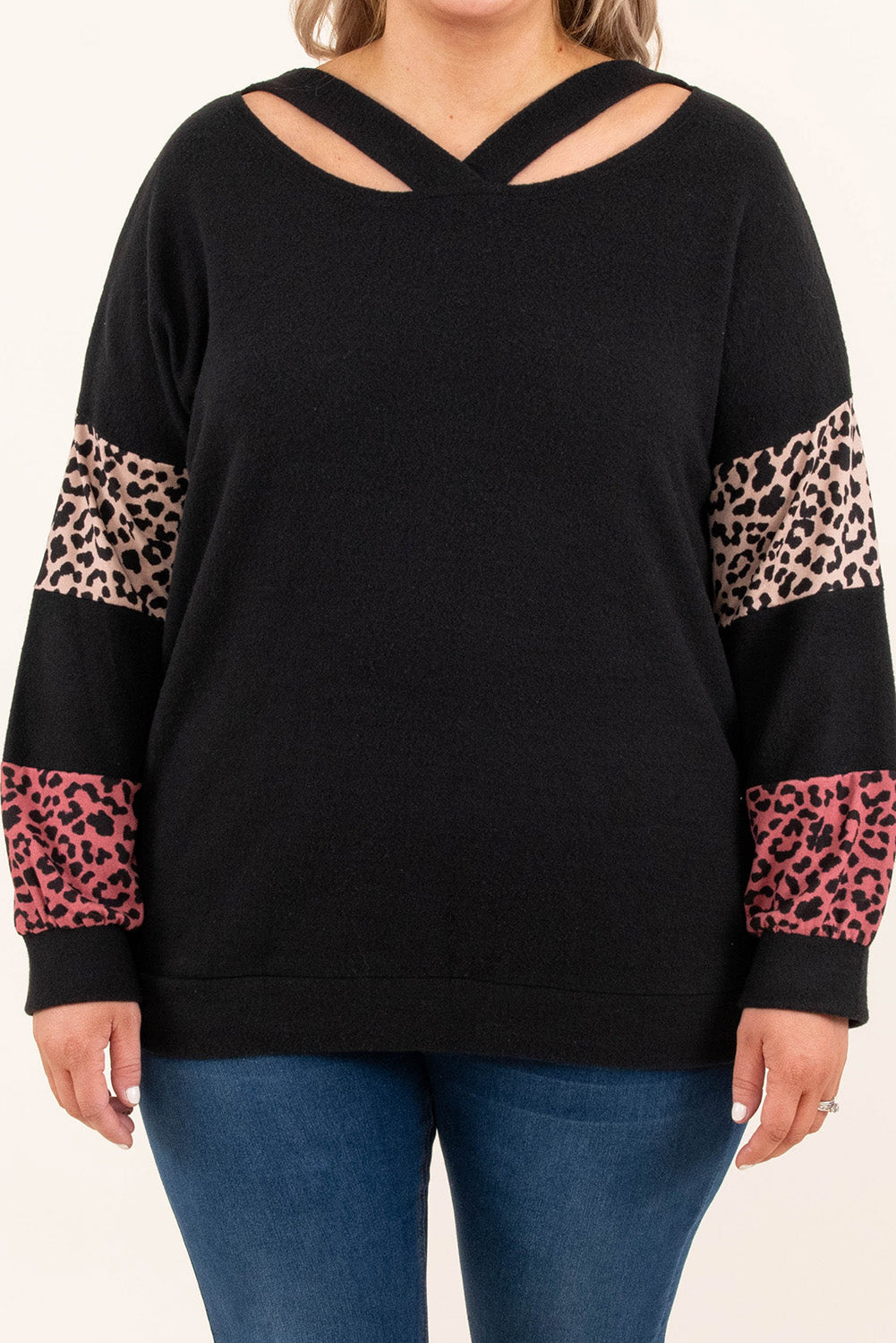Black Plus Size Leopard Patchwork Strappy Neck Top - The Fair Lady Shop