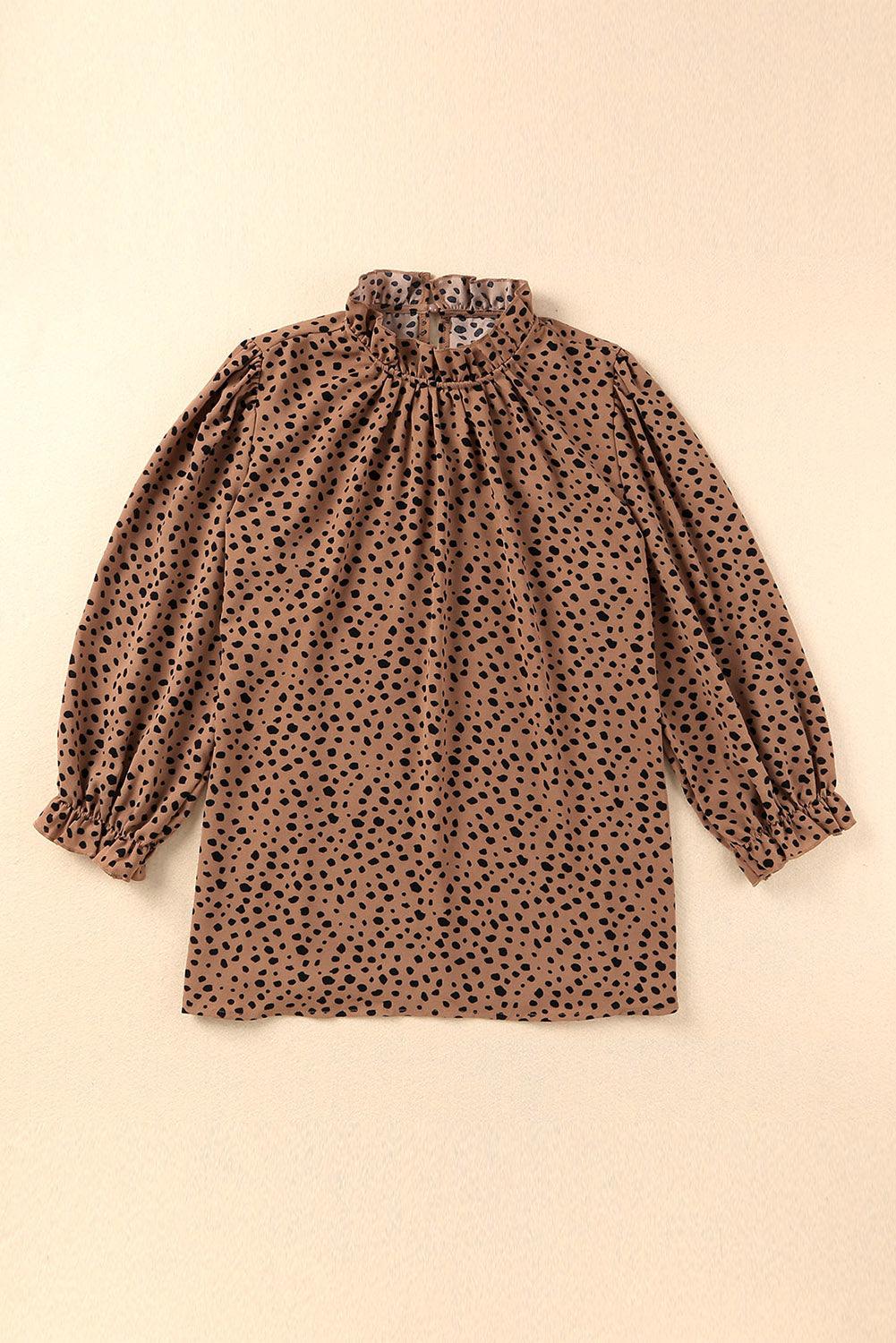 Brown Leopard Print Frill Neck 3/4 Sleeves Blouse - The Fair Lady Shop