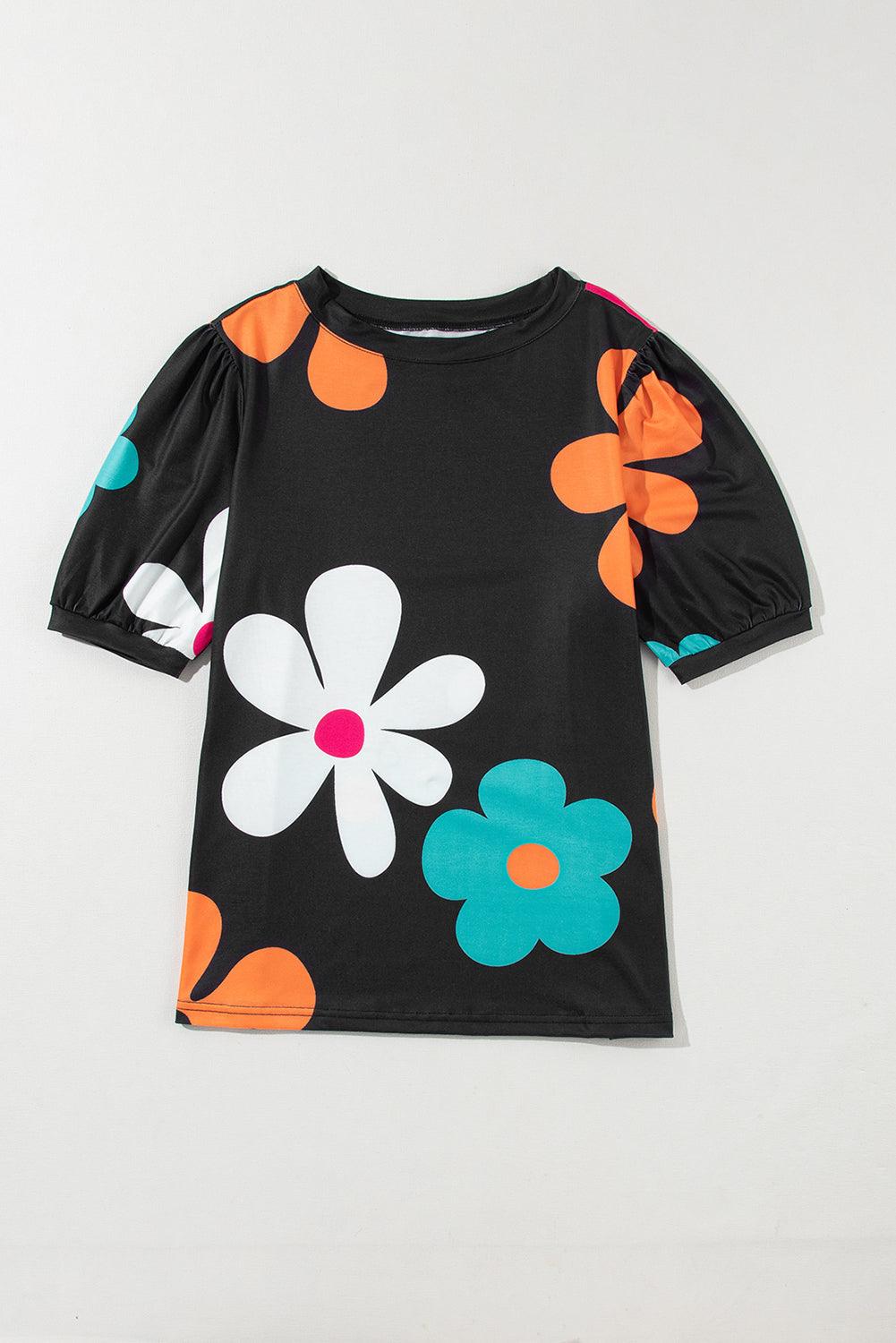 Apricot Colorful Flower Print Bubble Sleeve Tee - The Fair Lady Shop