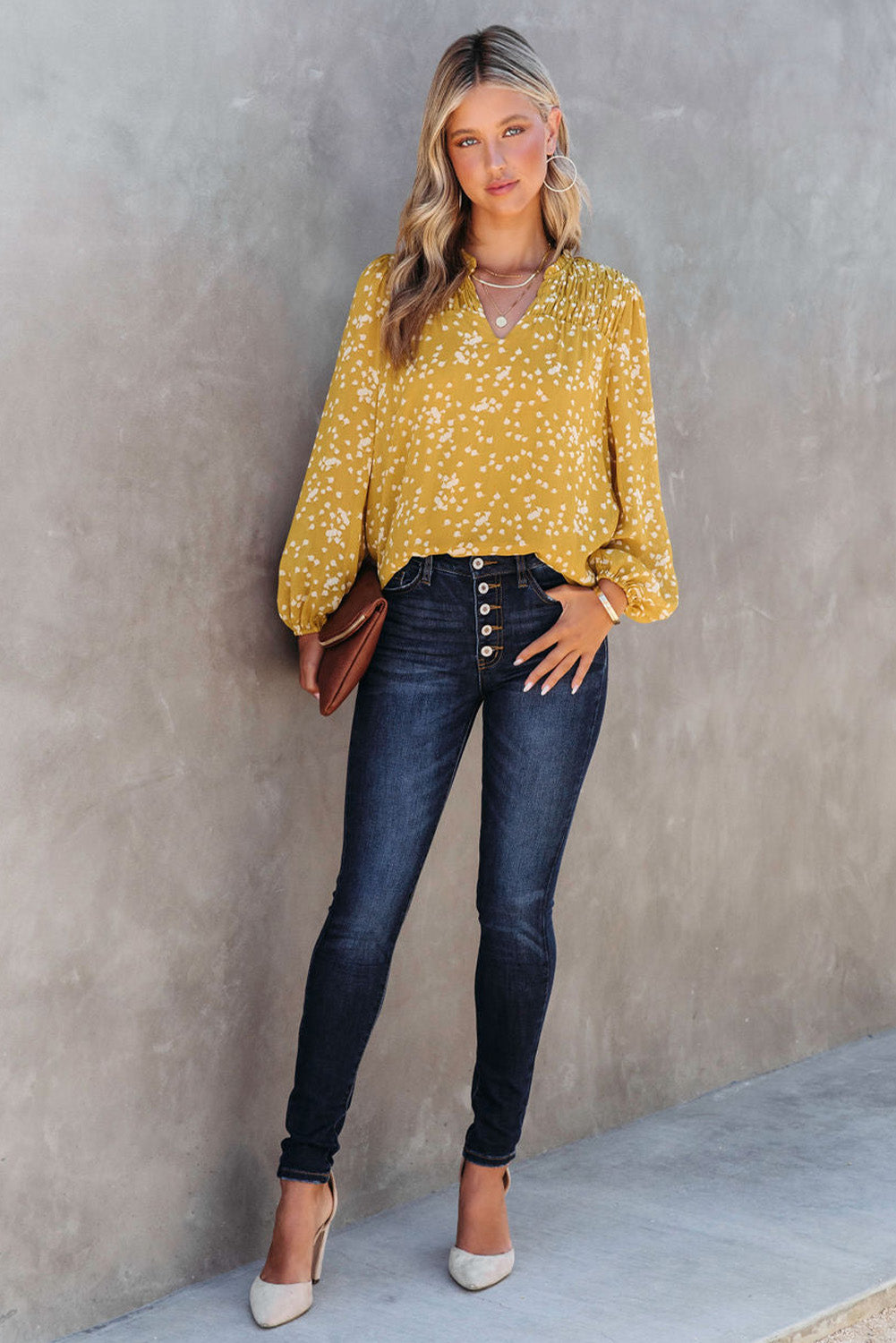 Yellow Frill Split V Neck Boho Crinkled Blouse - The Fair Lady Shop