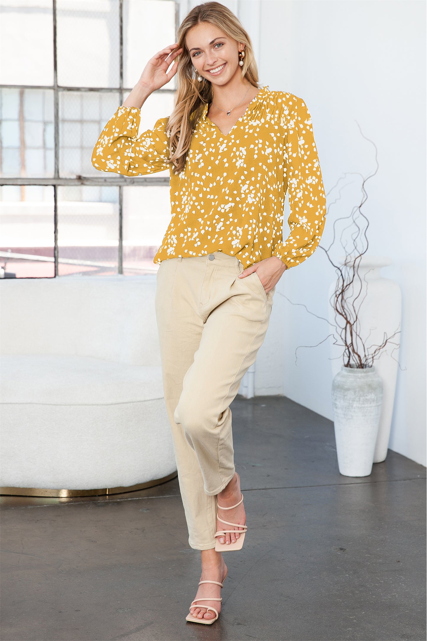 Yellow Frill Split V Neck Boho Crinkled Blouse - The Fair Lady Shop