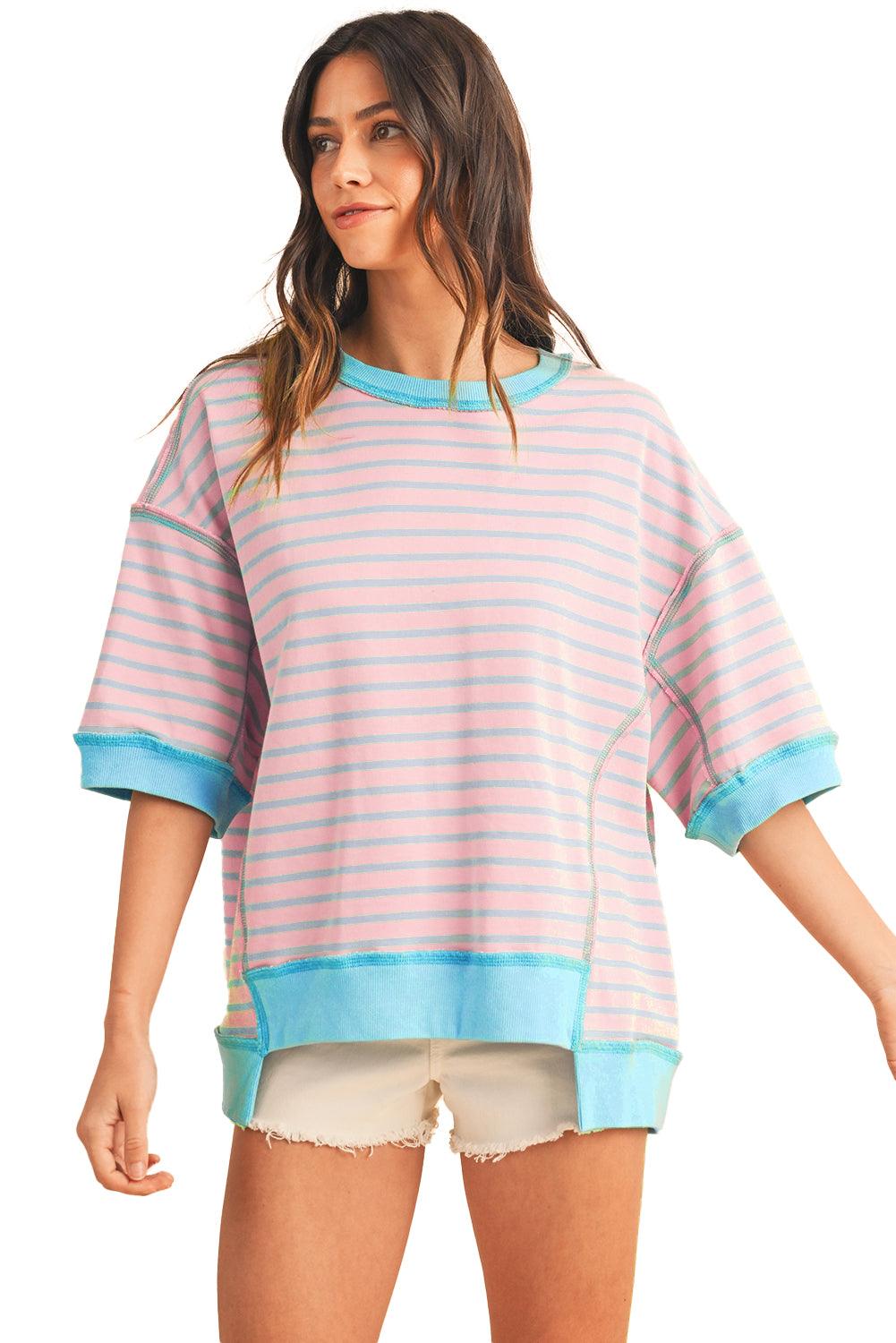 Pink Stripe Colorblock Drop Sleeve Oversized T Shirt - The Fair Lady Shop