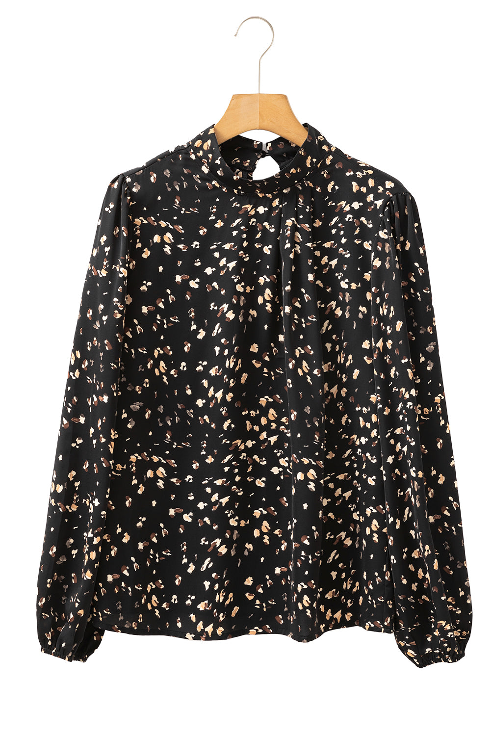 Black Leopard Print Puff Sleeve Mock Neck Pleated Blouse - The Fair Lady Shop