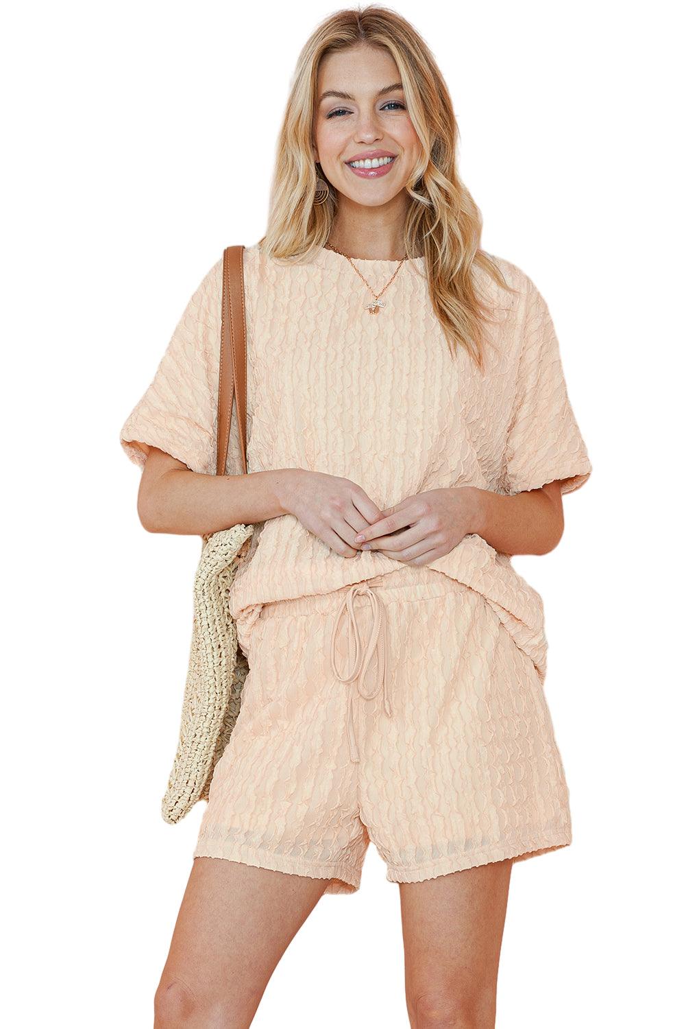 Beige Frill Textured Tee and Drawstring Shorts Set - The Fair Lady Shop