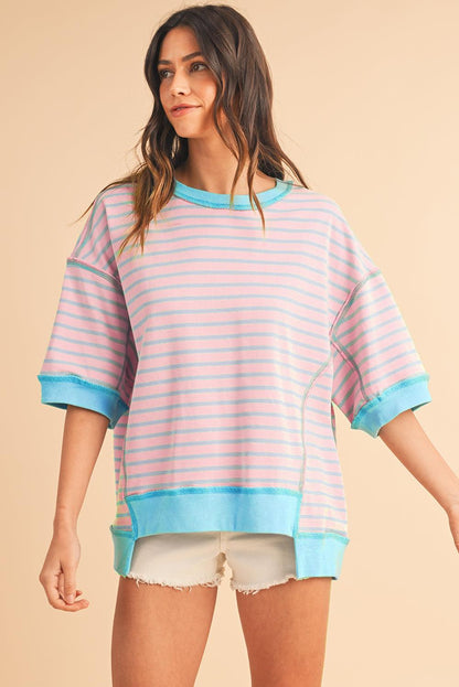 Pink Stripe Colorblock Drop Sleeve Oversized T Shirt - The Fair Lady Shop