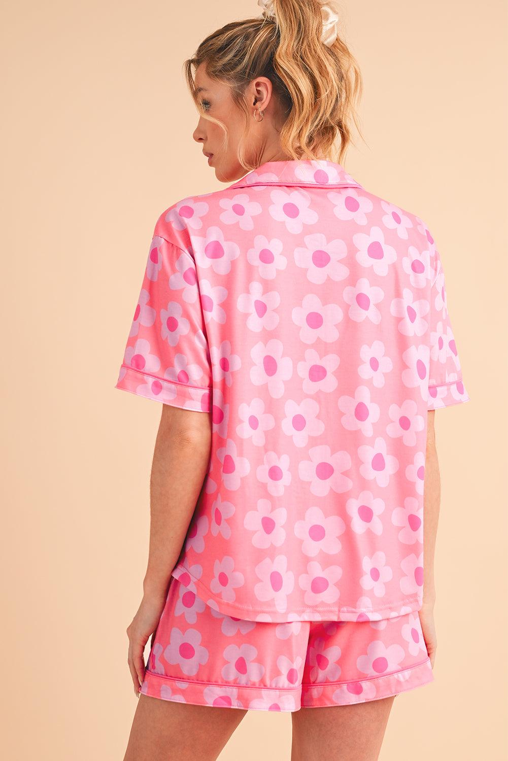 Green Flower Print Buttoned Shirt and Drawstring Waist Pajama Set - The Fair Lady Shop