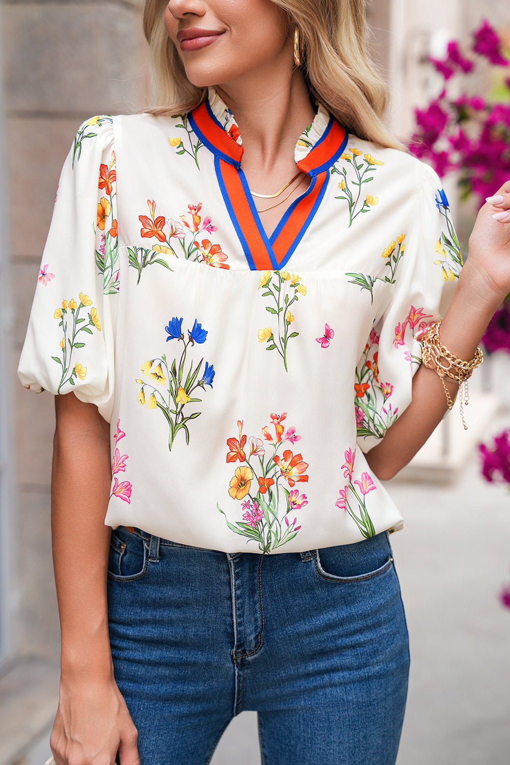 White Boho Floral Puff Sleeve Pop of Color Neckline Blouse - The Fair Lady Shop