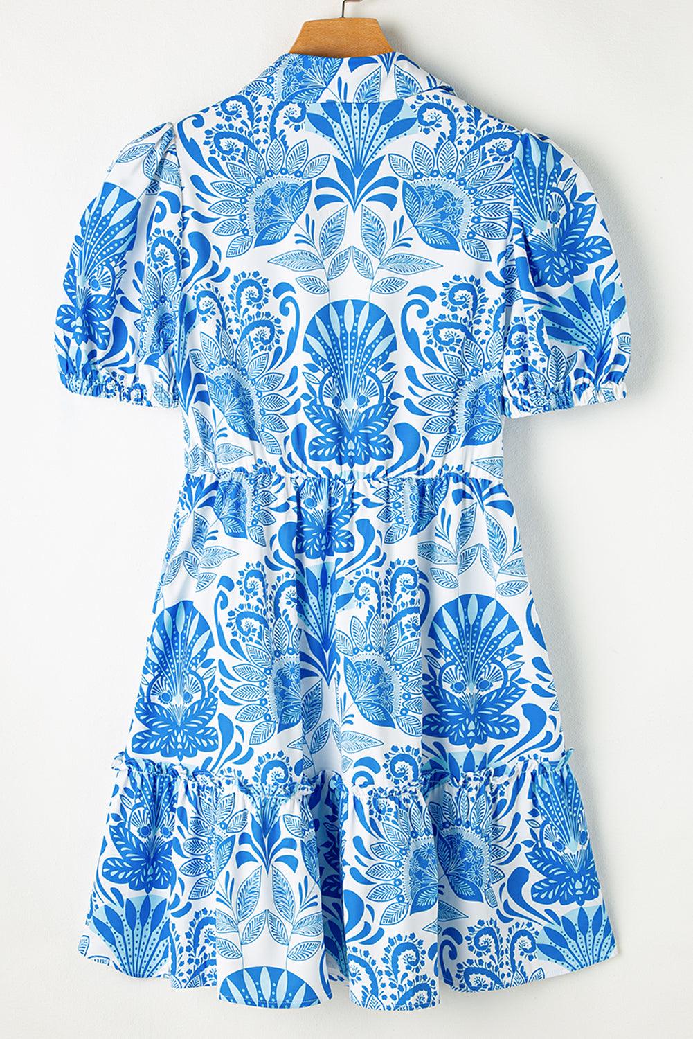 Sky Blue Boho Floral Print Frill Tiered Mini Dress - The Fair Lady Shop