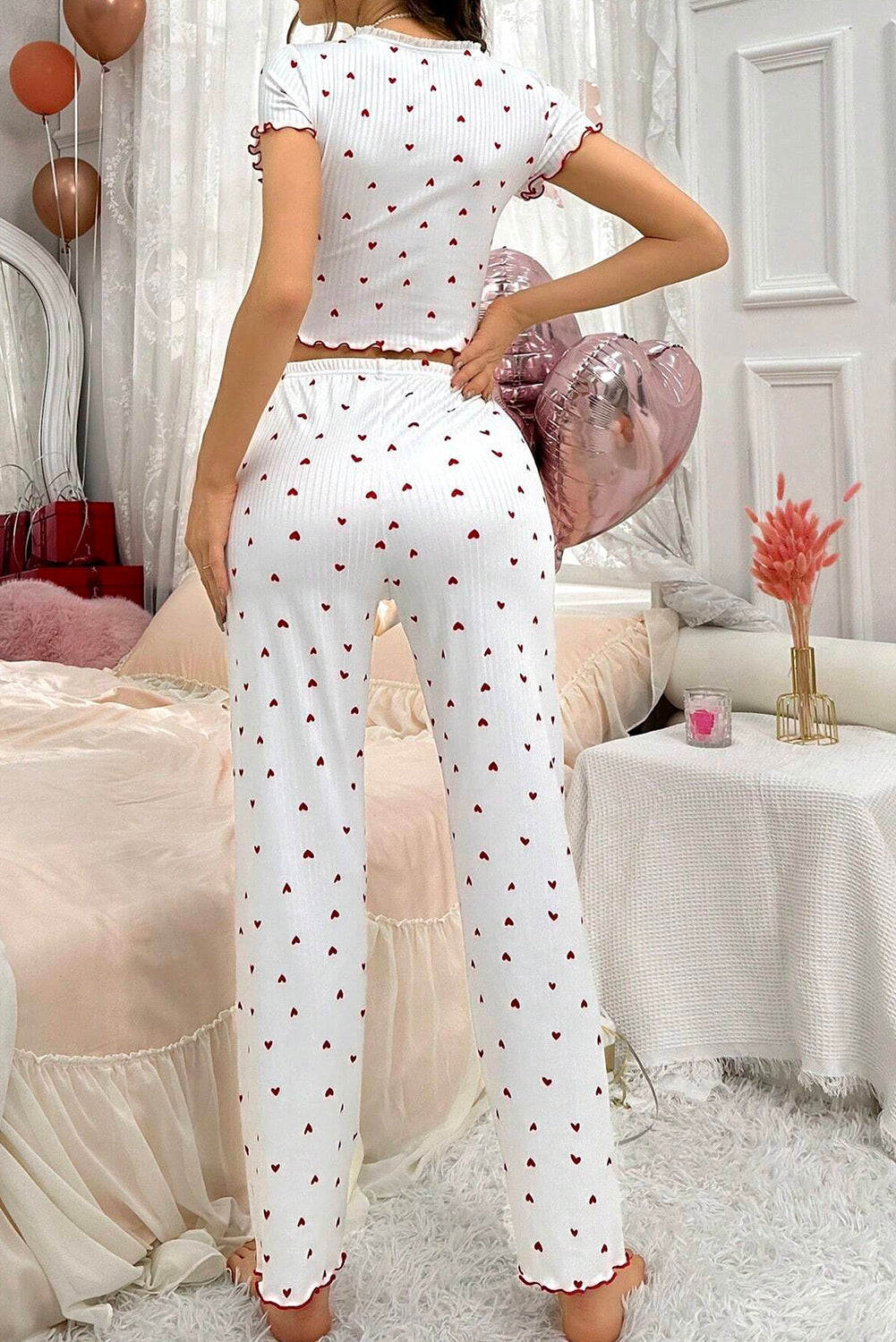 White Valentines Heart Pattern Tee and Pants Pajama Set - The Fair Lady Shop