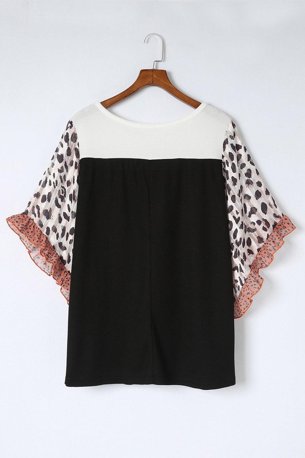 Black Rib Knit Animal Print Ruffle Sleeves Plus Size Top - The Fair Lady Shop