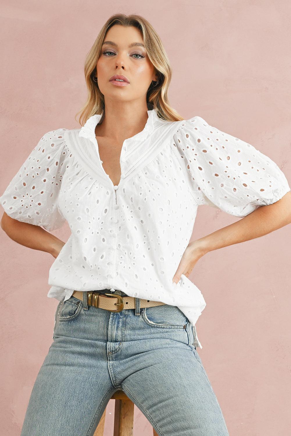 Bonbon Hollow-out Flower Embroidered Short Puff Sleeve Blouse - The Fair Lady Shop