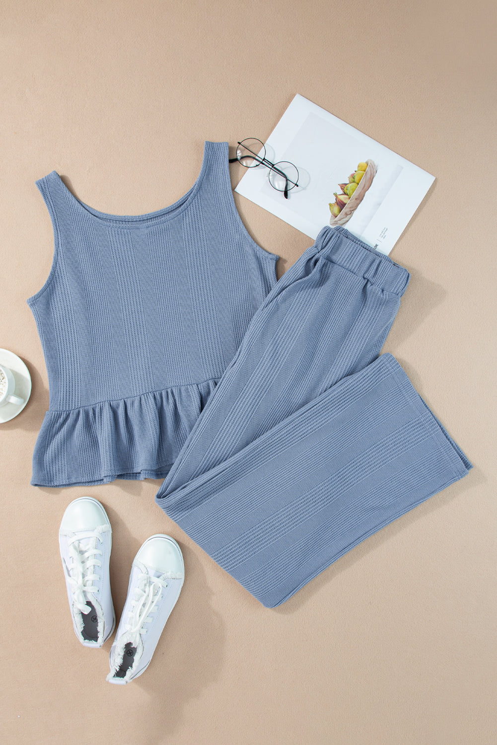 Beau Blue Solid Color Ribbed Ruffle Tank Top and Pants Set - The Fair Lady Shop