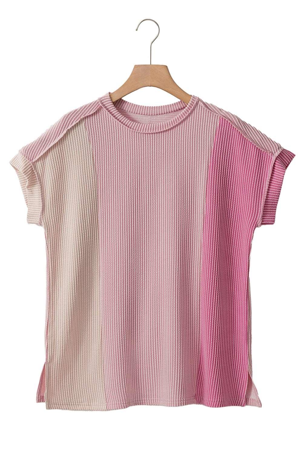 Apricot Pink Colorblock Ribbed Round Neck T Shirt - The Fair Lady Shop