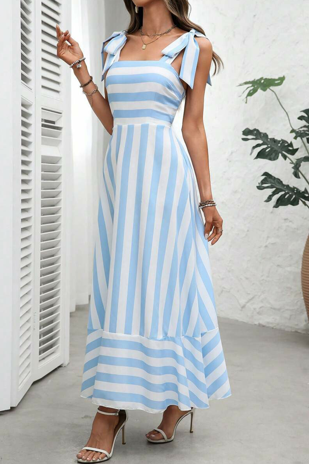 Sky Blue Stripe Knot Strap Maxi Dress - The Fair Lady Shop