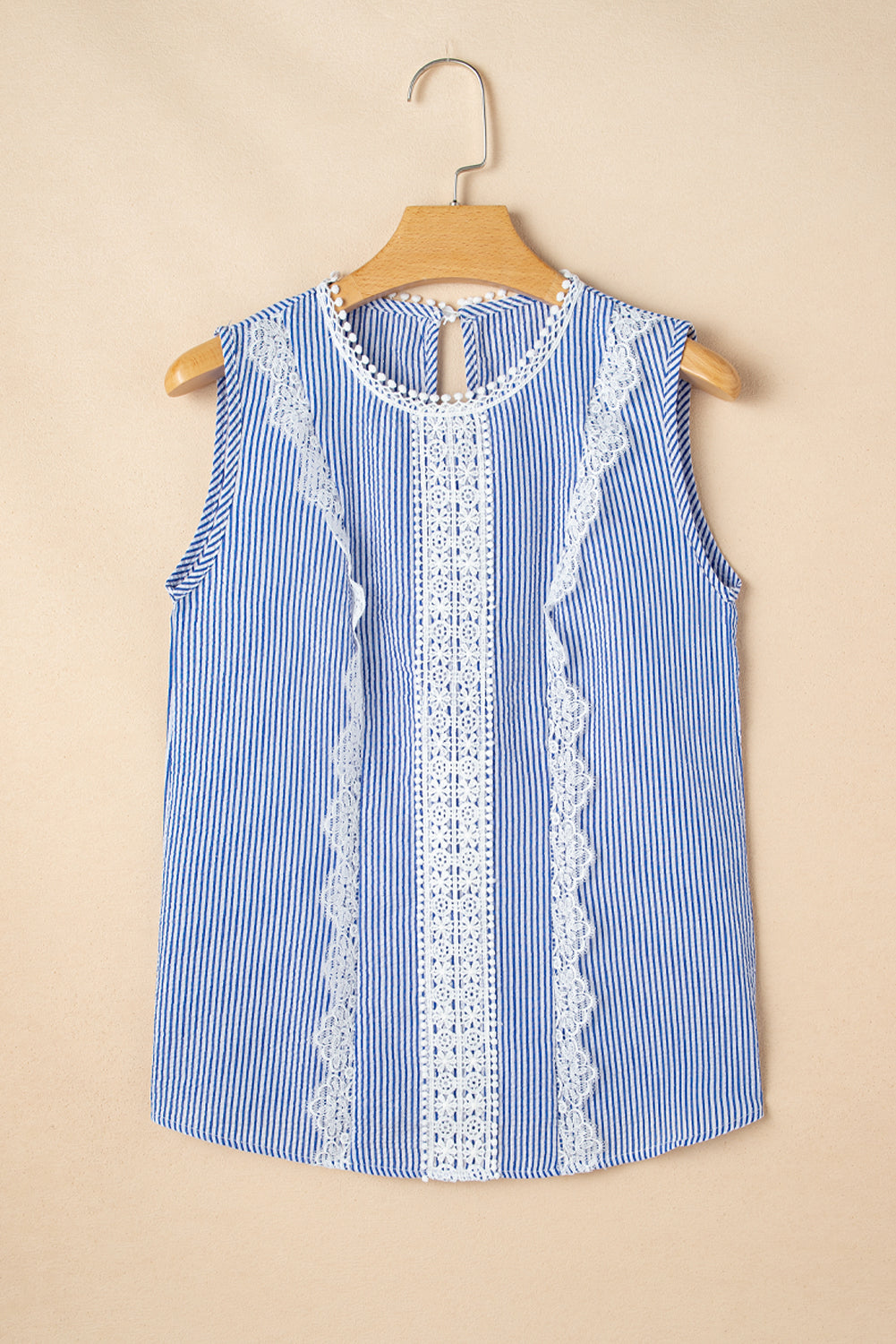 Sky Blue Stripe Lace Detail Crinkle Sleeveless Blouse - The Fair Lady Shop