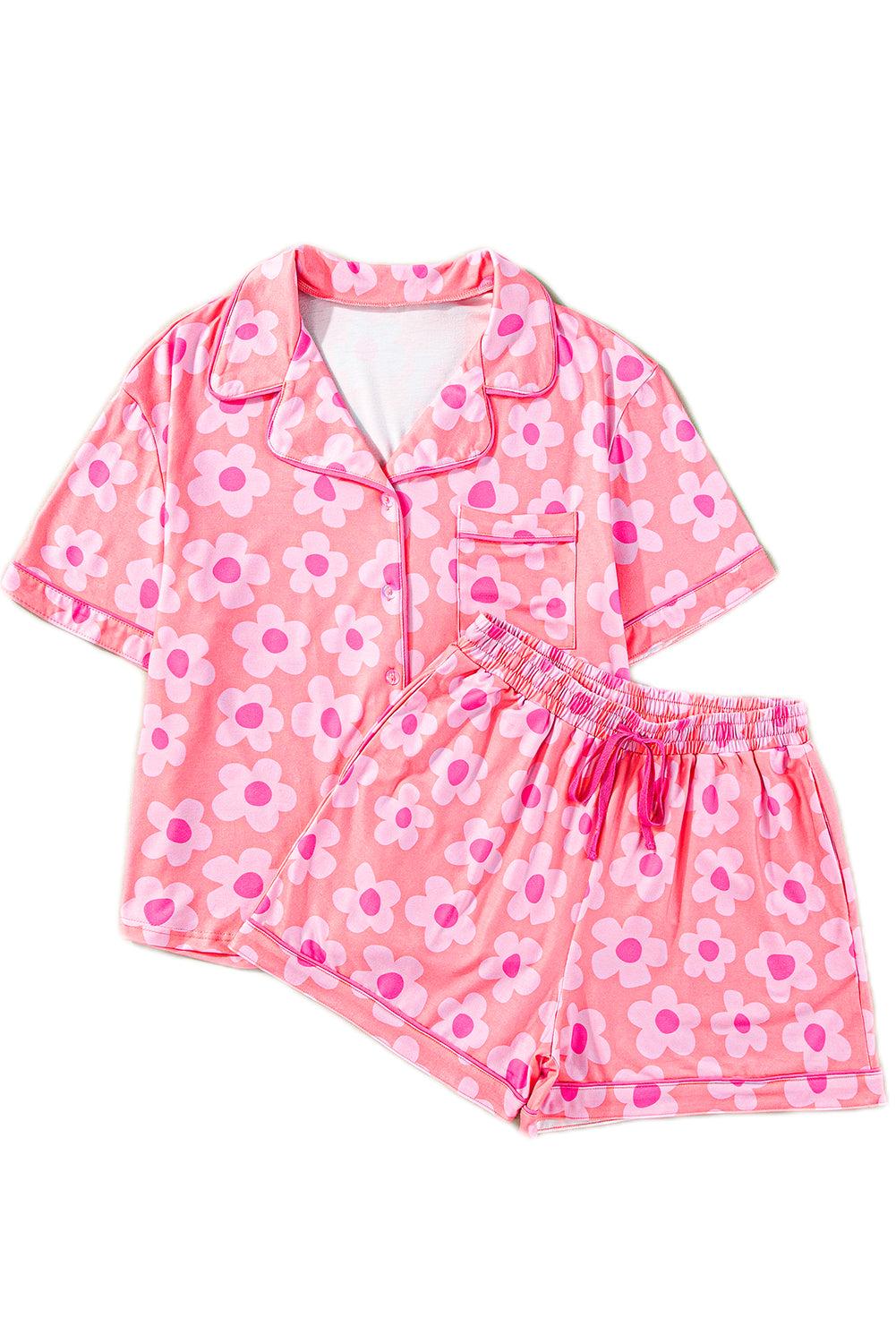 Green Flower Print Buttoned Shirt and Drawstring Waist Pajama Set - The Fair Lady Shop