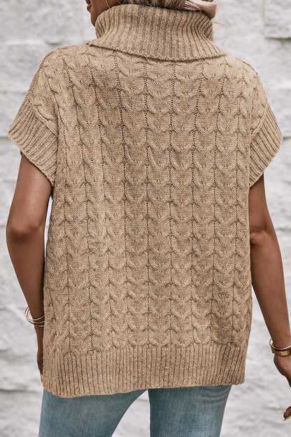 Light Beige Turtleneck Short Dolman Sleeve Cable Knit Sweater - The Fair Lady Shop