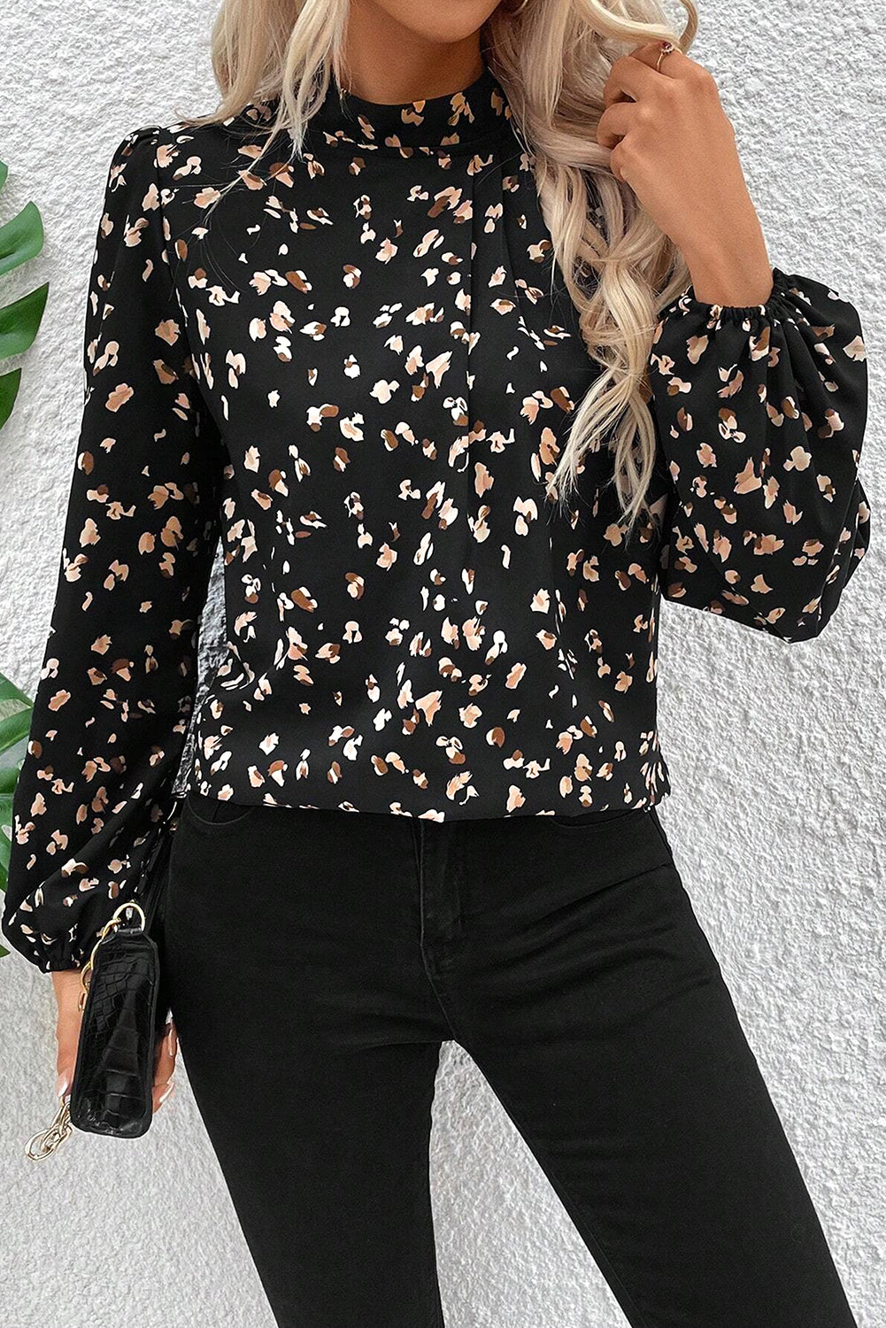 Black Leopard Print Puff Sleeve Mock Neck Pleated Blouse - The Fair Lady Shop