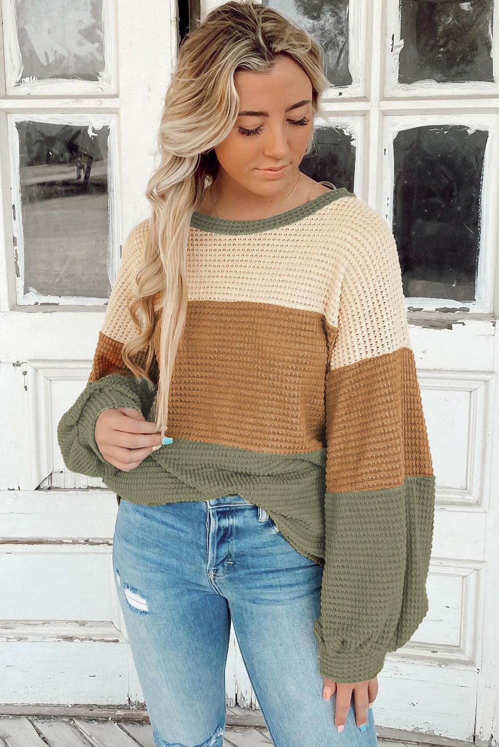 Green Waffle Knit Color Block Drop Sleeve Loose Top - The Fair Lady Shop