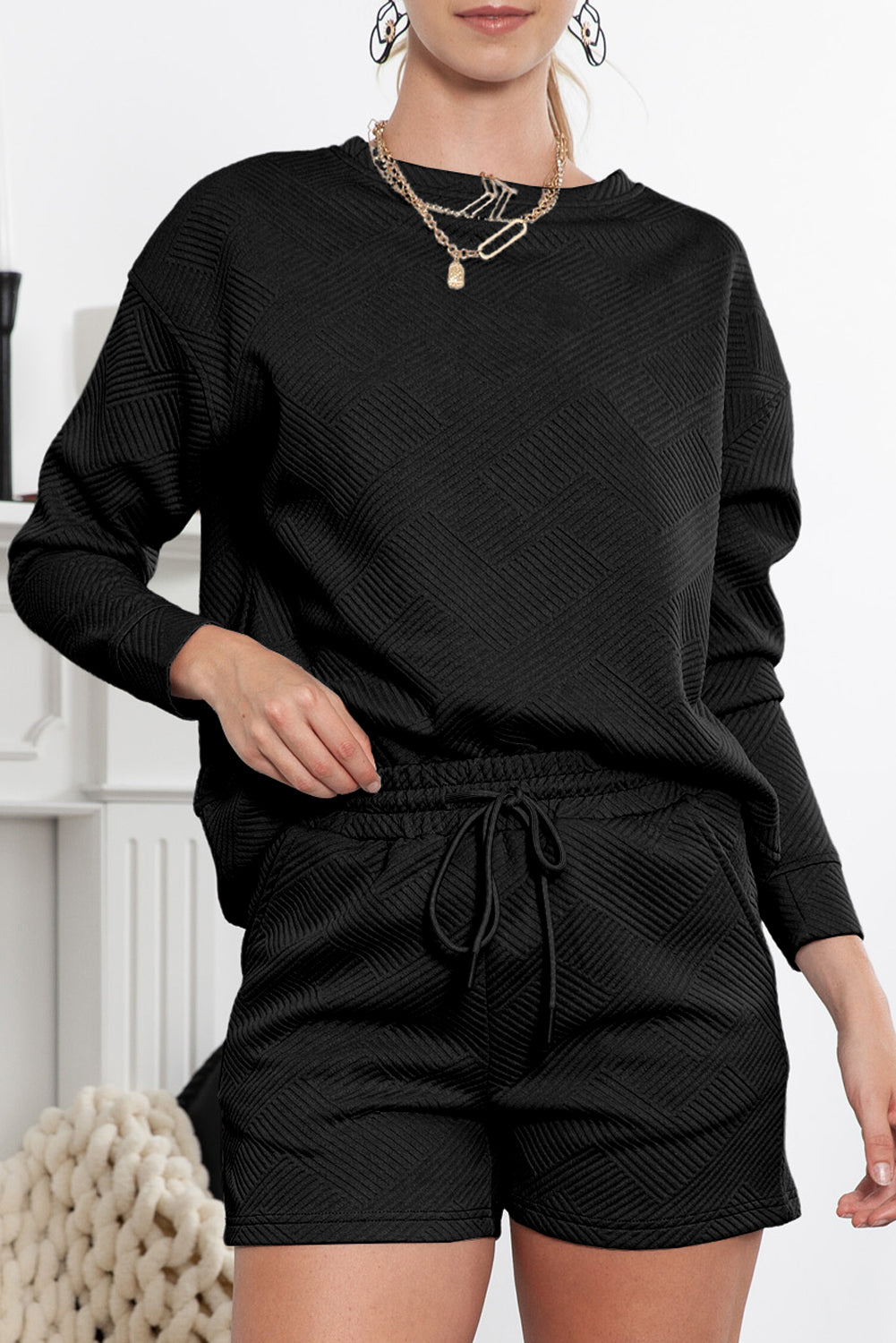 Black Textured Long Sleeve Top & Drawstring Shorts Set - The Fair Lady Shop
