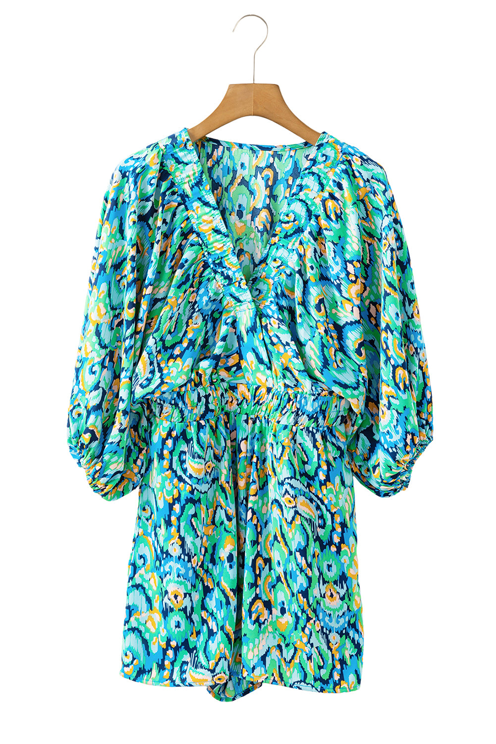 Green Abstract Print Batwing Sleeve V Neck High Waist Romper - The Fair Lady Shop