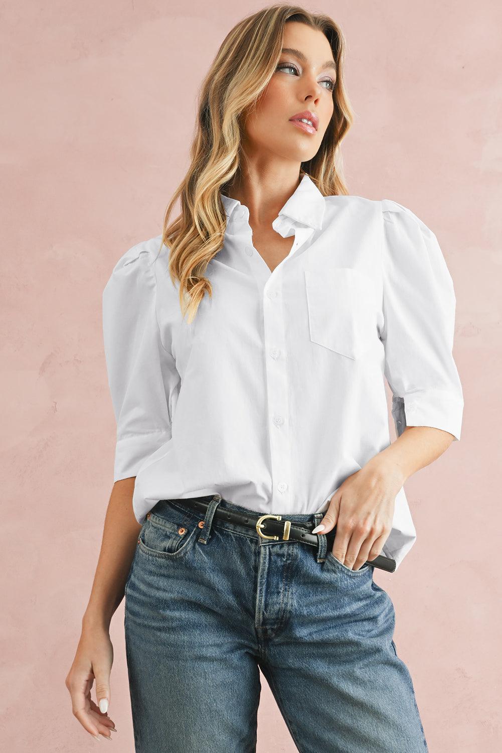 White Solid Color Button Up Puff Sleeve Shirt - The Fair Lady Shop