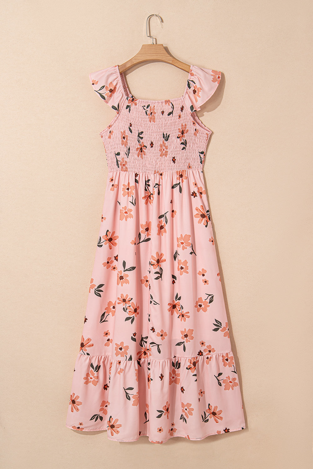 Pink Floral V Neck Smocked High Waist Ruffle Hem Maxi Dress - The Fair Lady Shop
