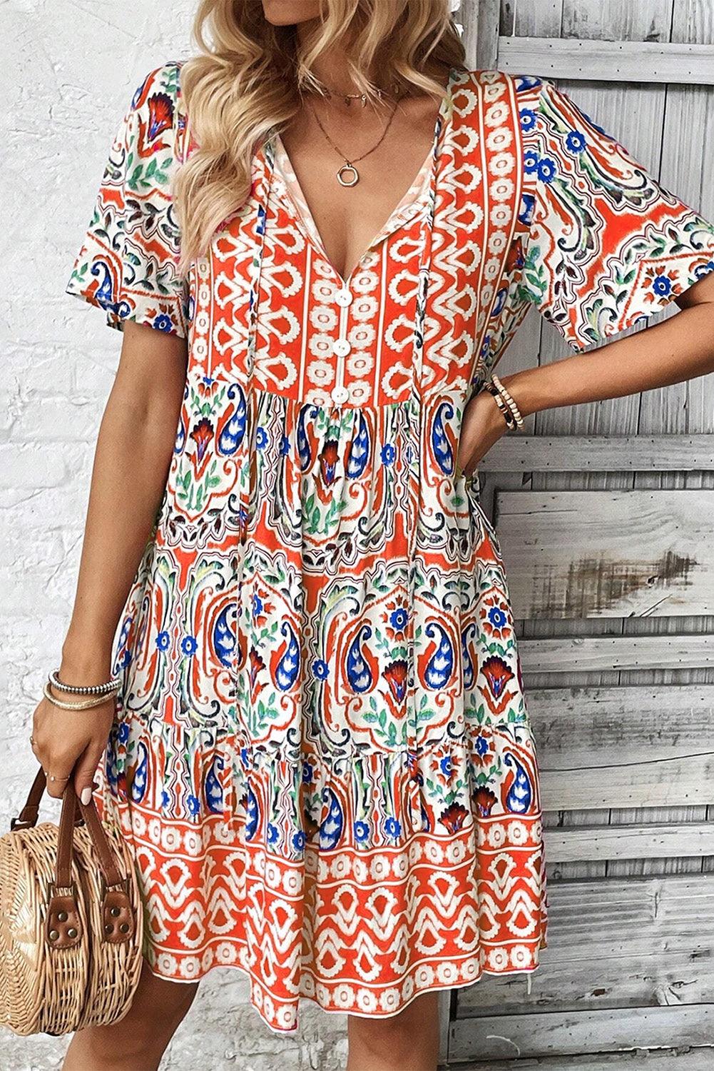 Orange Bohemian Tie Neck Flounce Sleeve Ruffle Hem Mini Dress - The Fair Lady Shop