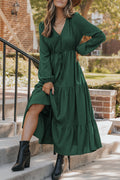 Blackish Green Solid Long Sleeve Button V Neck Tiered Maxi Dress