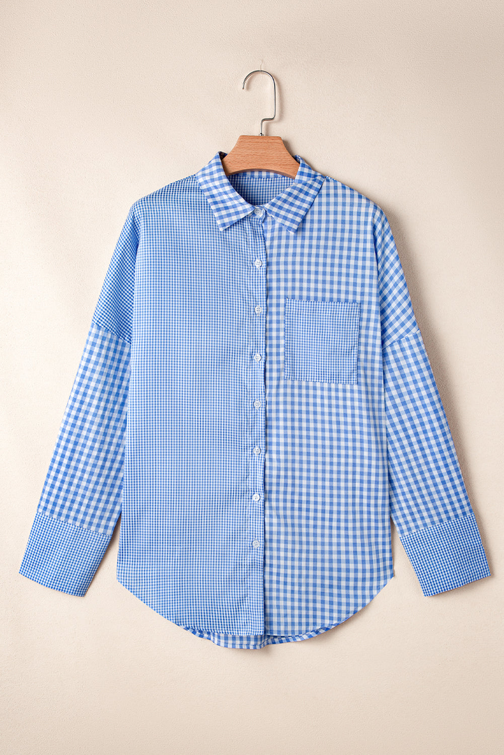 Sky Blue Plaid Pocket Long Sleeve Tunic Shirt
