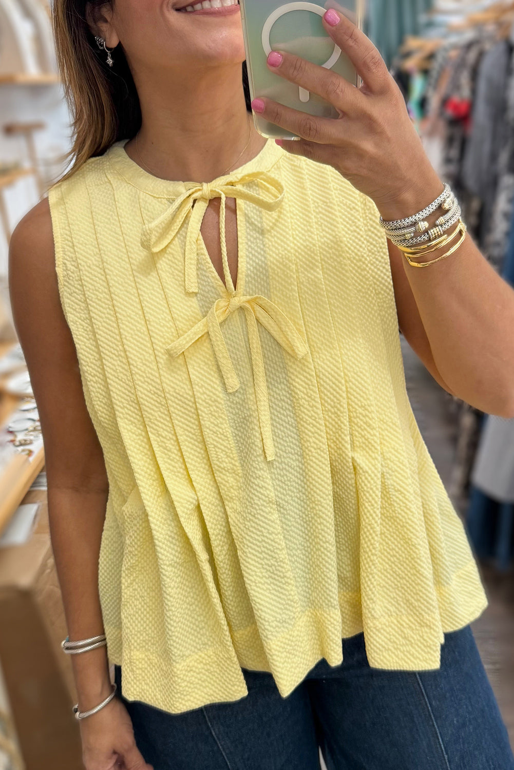 Yellow Cream Bow Tie Notched Neck Pleated Sleeveless Top - The Fair Lady Shop