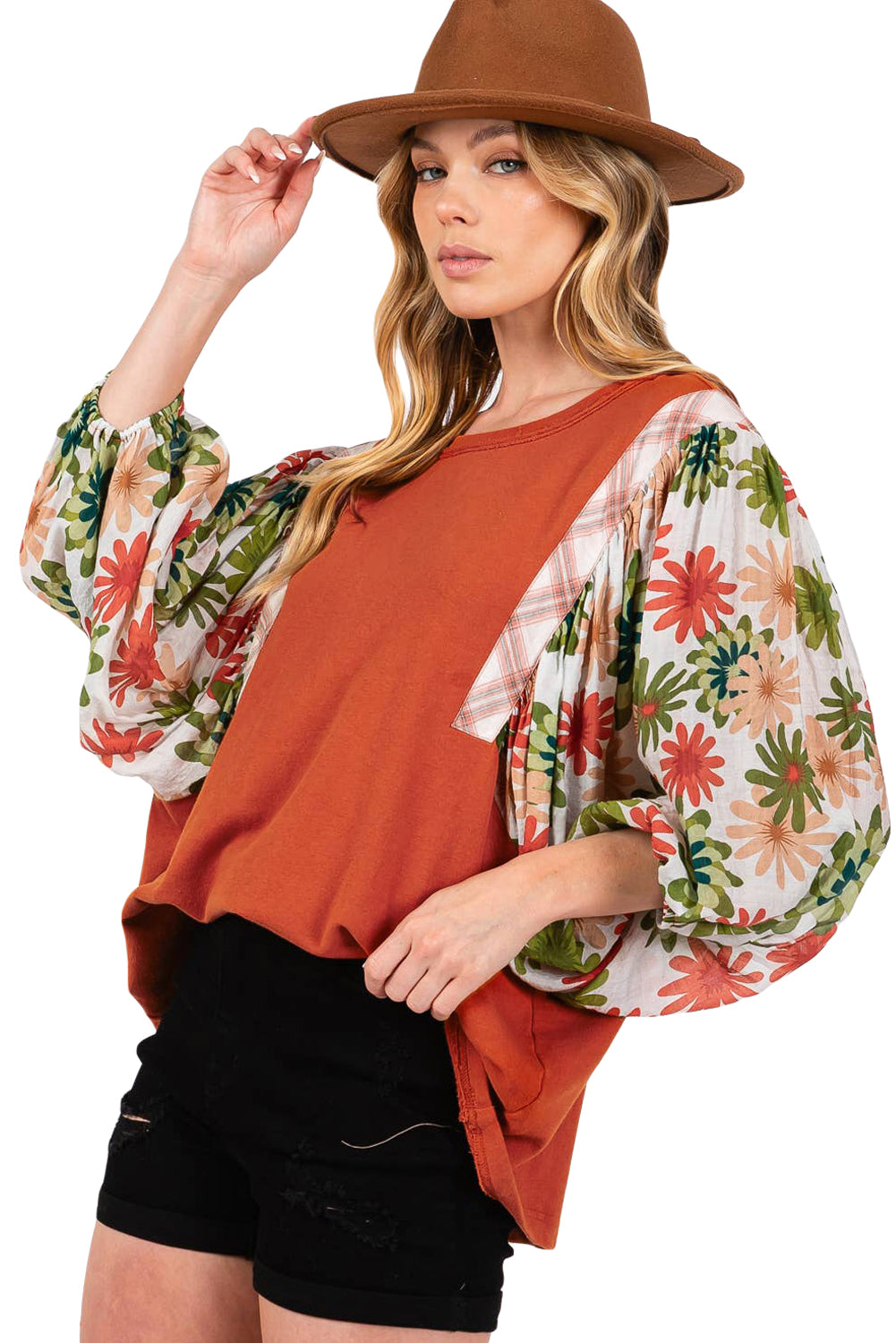 Desert Gold Floral Patchwork Sleeve Loose Top - The Fair Lady Shop
