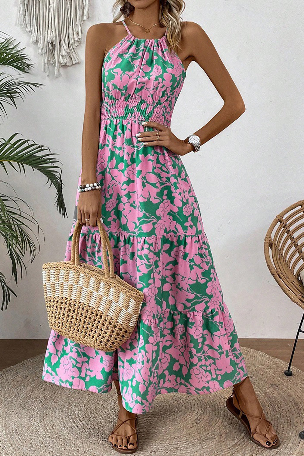 Pink Floral Shirred High Waist Tiered Halter Dress - The Fair Lady Shop