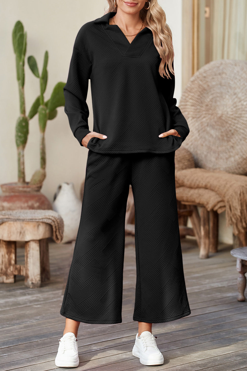 Black Plain Textured Collared V Neck Top and Wide Leg Pants Set - The Fair Lady Shop