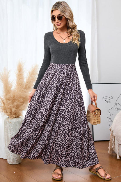 Black and Leopard Print Long Sleeve Boho Maxi Dress - The Fair Lady Shop