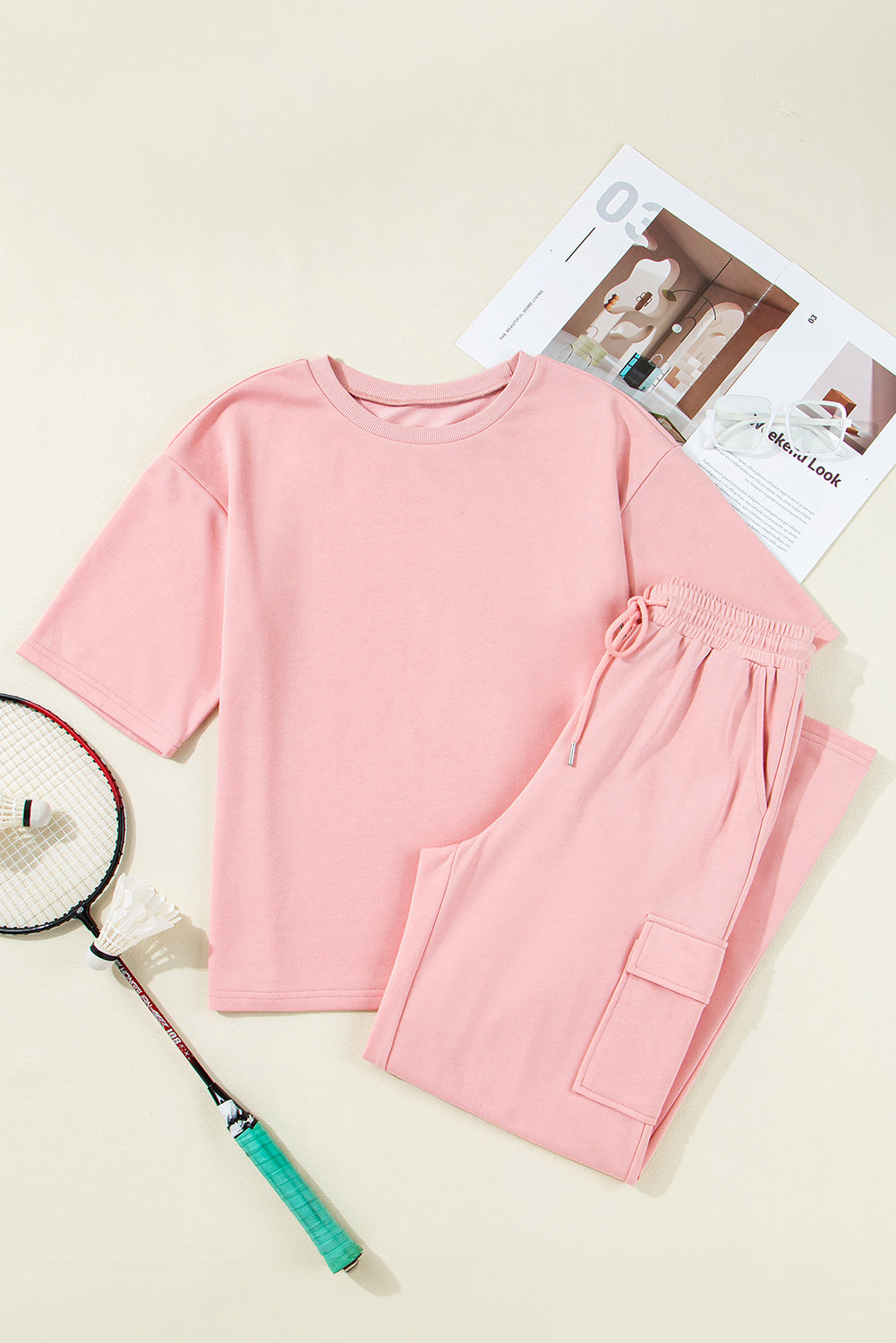 Apricot Pink Half Sleeve T-Shirt & Cargo Sweatpants Set - The Fair Lady Shop