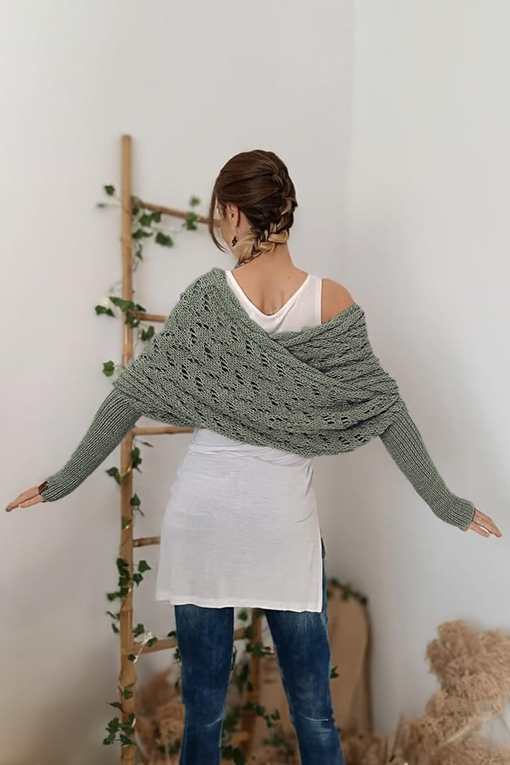 Blackish Green Hollow Knit Scarf with Sleeves - The Fair Lady Shop