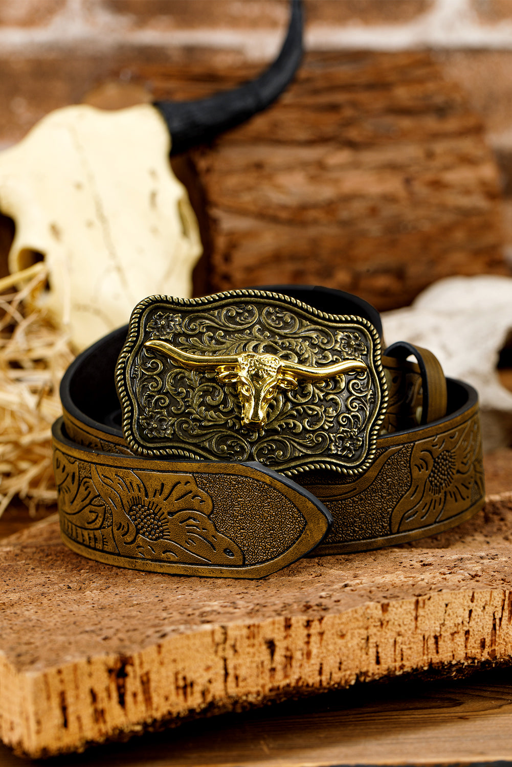 Chestnut Retro Embossed Faux Leather Buckle Belt