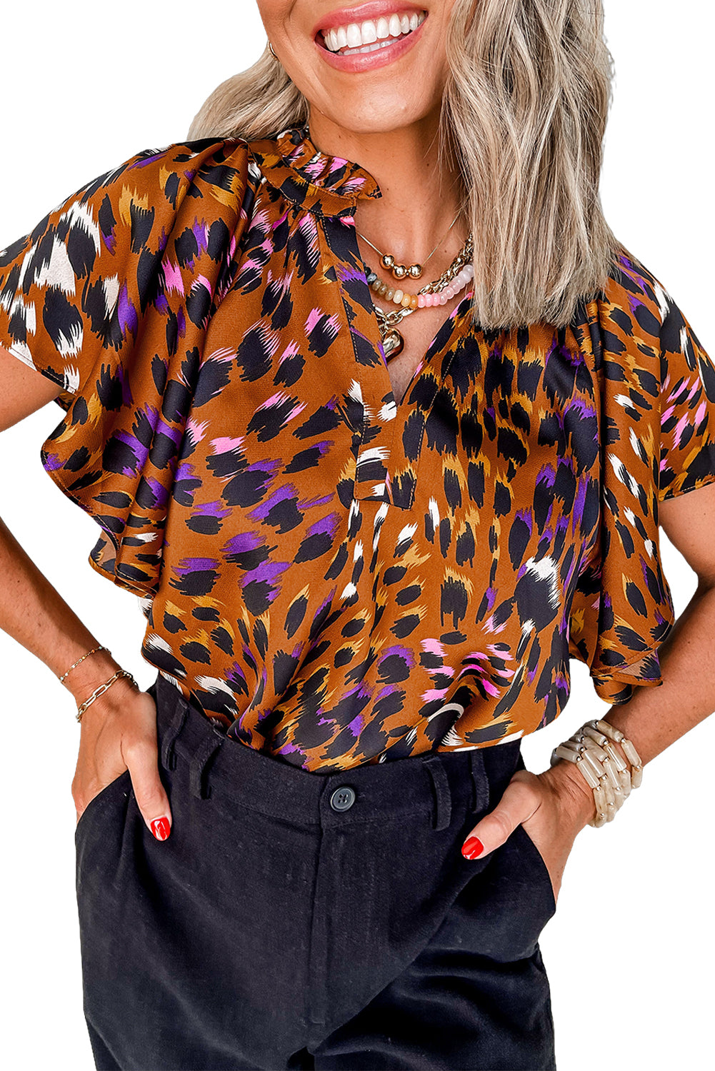 Orange Leopard Printed Short Sleeve Slit V Neck Blouse - The Fair Lady Shop
